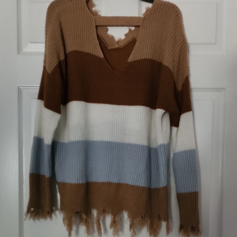 Striped Brown and Blue Frayed Hem Sweater